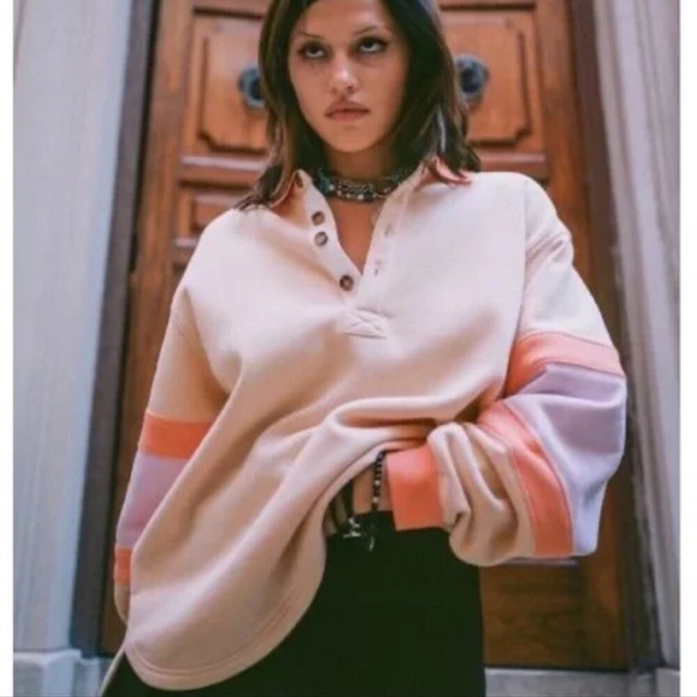 BDG Urban Outfitters Colorblock Rugby Long Sleeve Shirt Thick Relaxed XS Beige